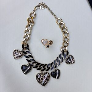 Betsey Johnson Mod Retro Leopard Lucite Crystal AB Heart Necklace & Ring